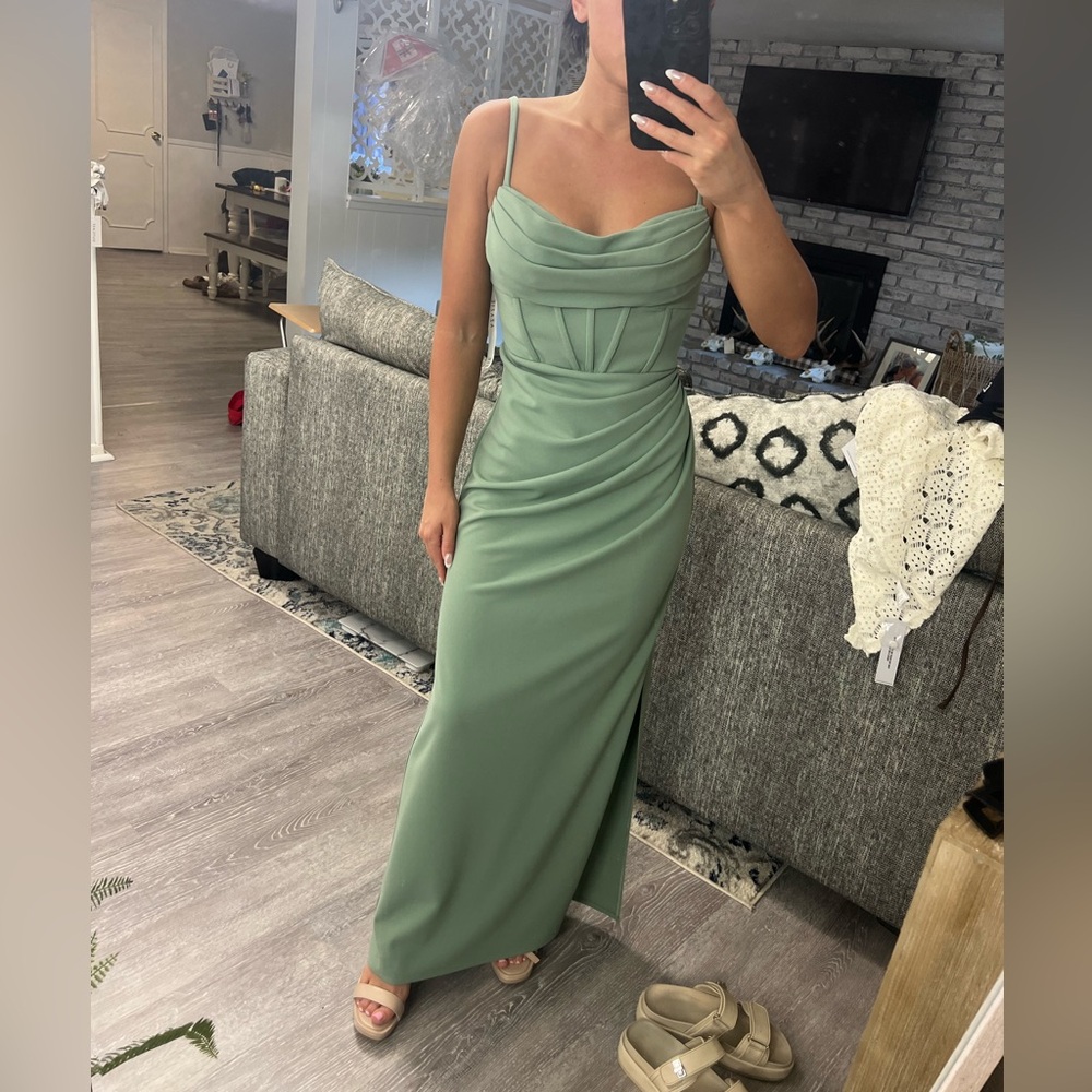 Azazie Mai Matcha Sheath Pleated Stretch Crepe Dress